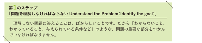 第1のステップ「問題を理解しなければならないUnderstand the Problem（Identify the goal）」　理解しない問題に答えることは、ばからしいことです。だから「わからないこと、わかっていること、与えられている条件など」のような、問題の重要な部分をつかんでいなければなりません。　